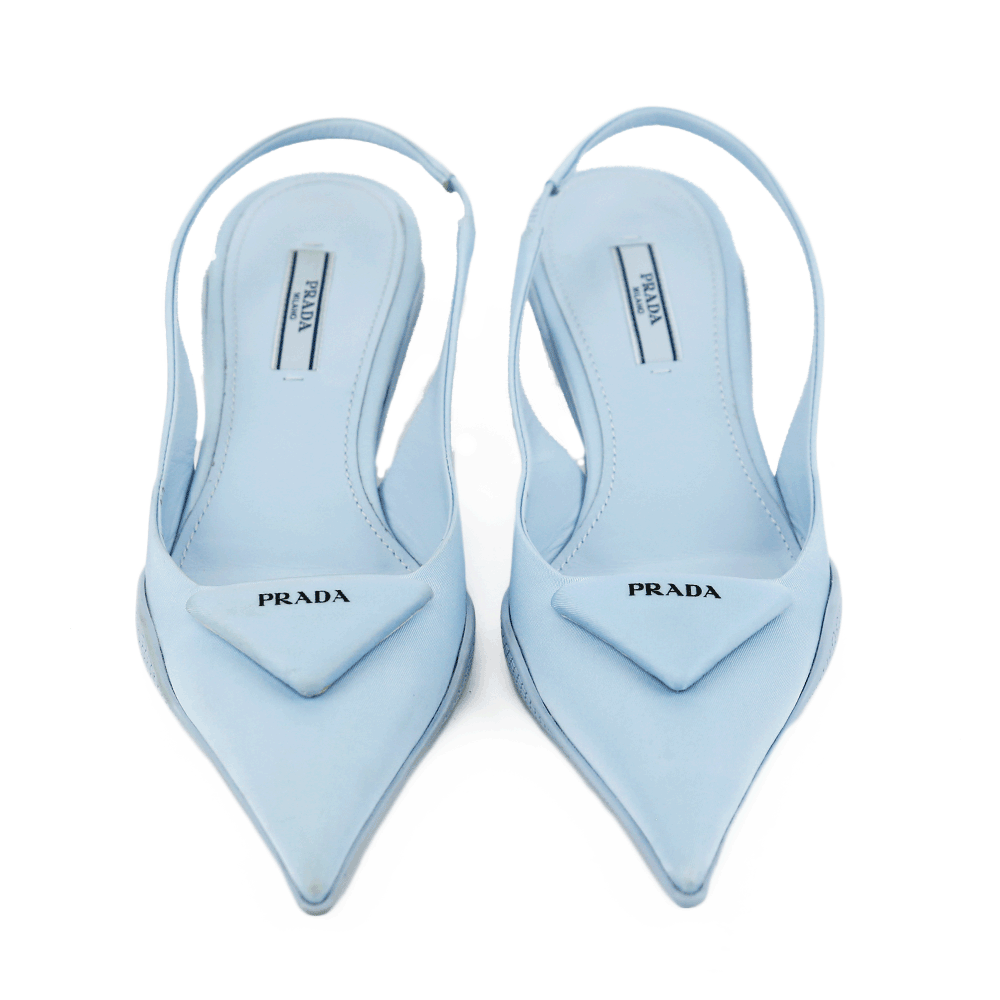 front view of Prada Baby Blue Nylon Triangle Logo Slingback Pumps