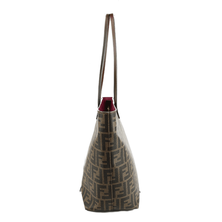 side view of Fendi Brown Coated Canvas Zucca Spalmati Medium Tote