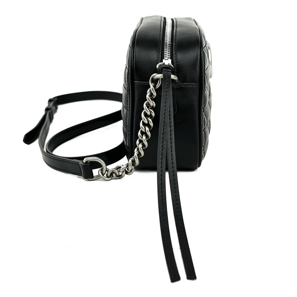 side view of Gucci Black GG Aria Marmont Leather Crossbody Bag