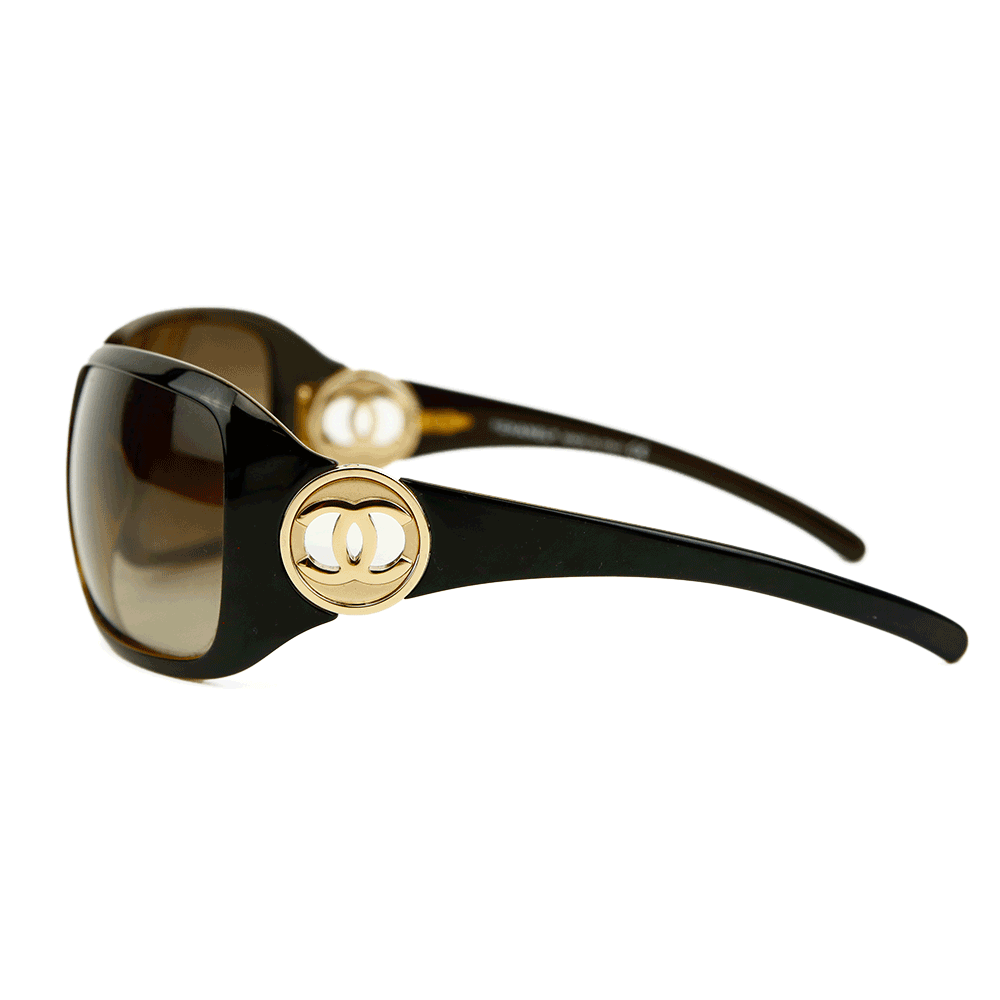 side view of Chanel Brown Shield Style Oversized Sunglasses