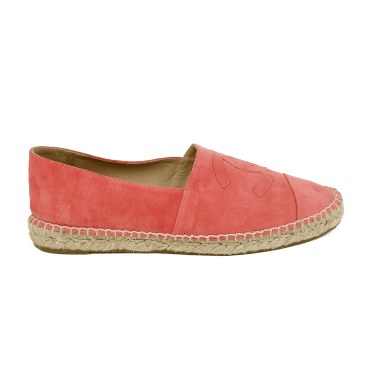 side view of Chanel Coral Pink Suede Espadrille Flats