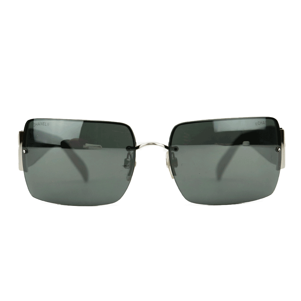 front view of Chanel Rimless Square Frame Crystal CC Sunglasses