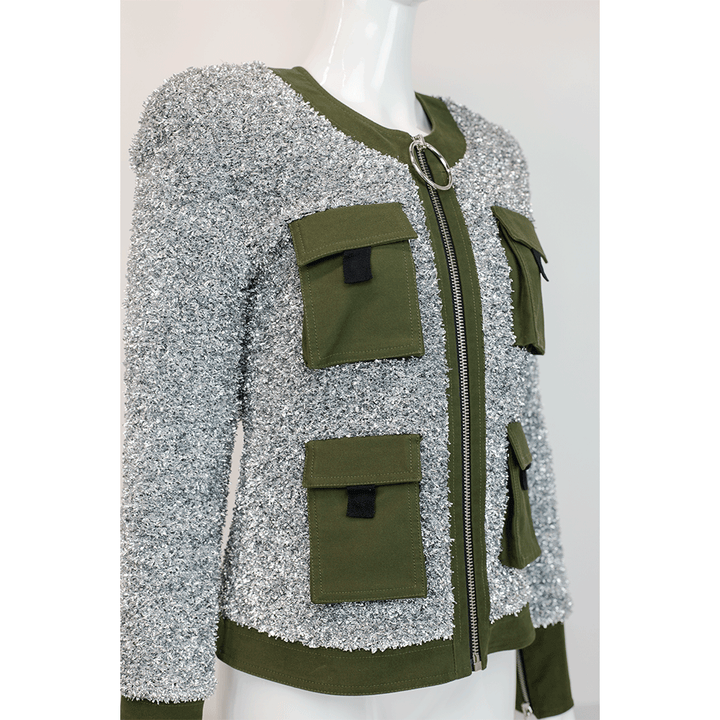 Balmain Silver & Khaki Zipped Tweed Jacket