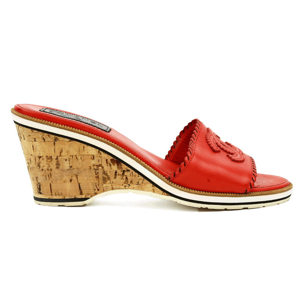 side view of Chanel Red Leather CC Cork Wedge Slides