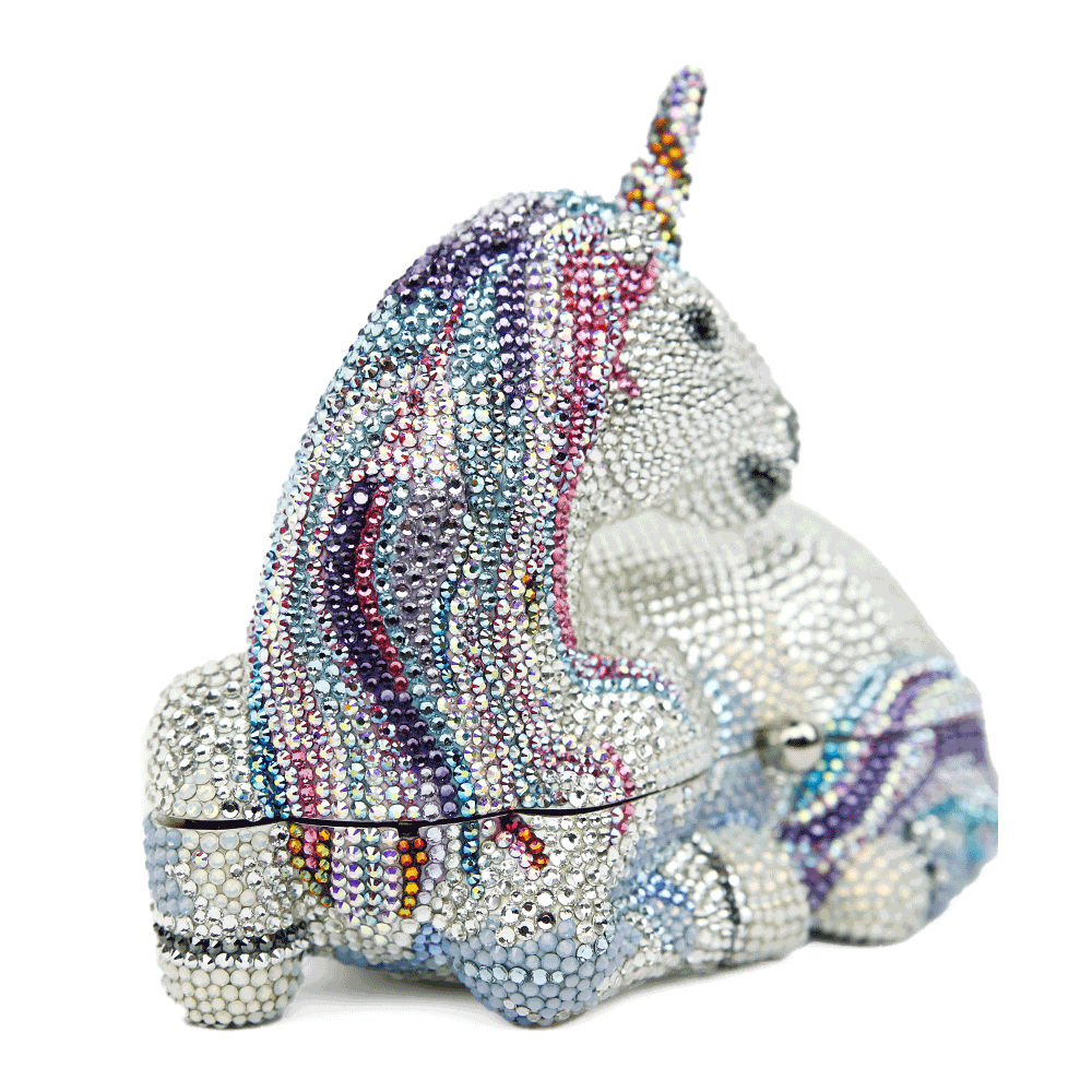 side view of Judith Leiber Unicorn Lunaria Crystal Clutch