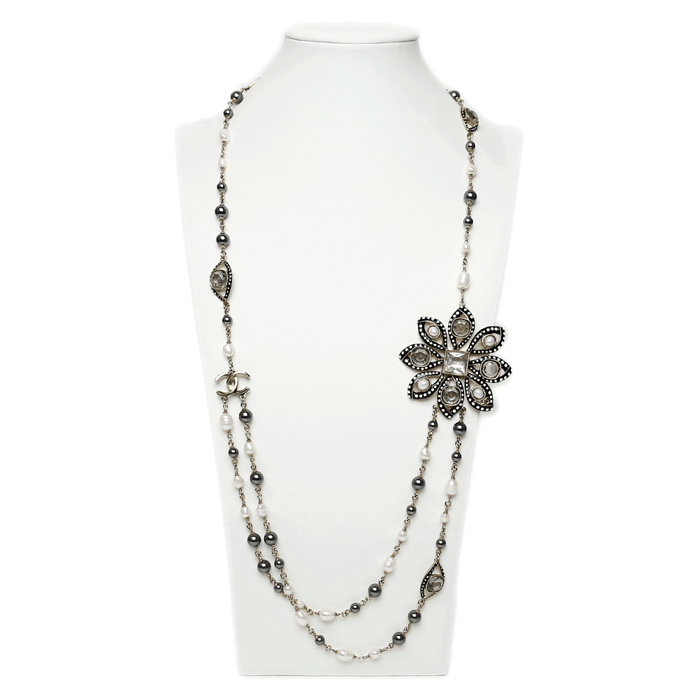 front view of Chanel Strass & Enamel Pearl Station Necklace