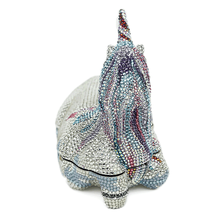 side view of Judith Leiber Unicorn Lunaria Crystal Clutch