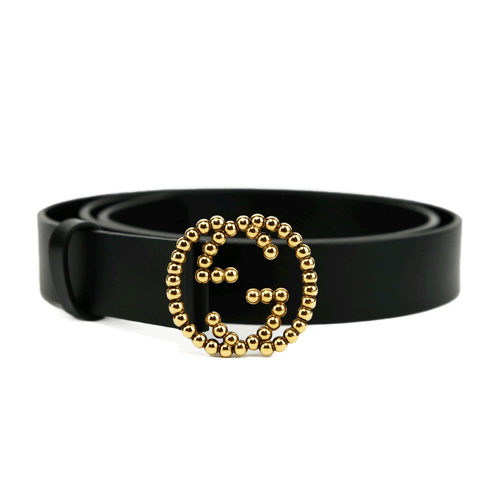 front view of Gucci Black Leather Interlocking Beaded GG Belt