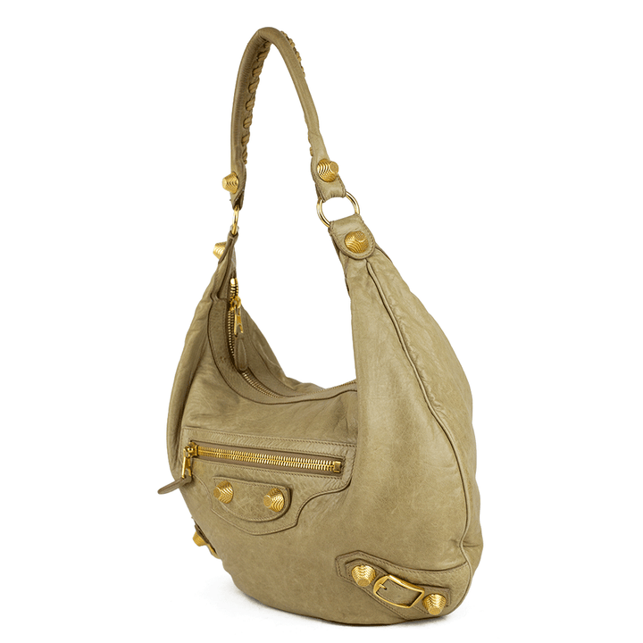 side view of Balenciaga Motocross Giant 21 Beige Leather Hobo Bag