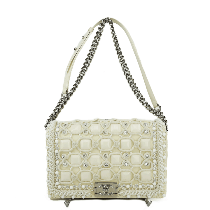 Front view of Chanel Cream Embellished Medium Boy Bag