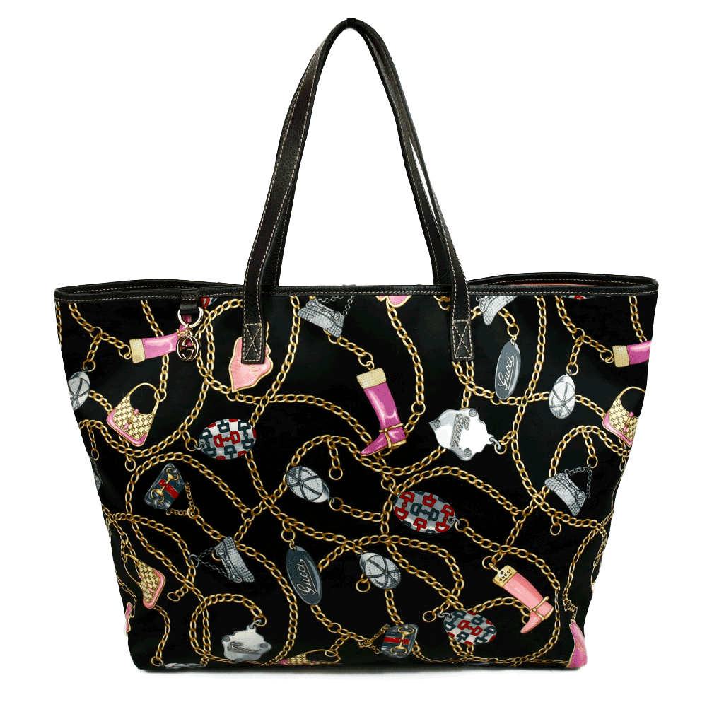 front view of Gucci Black Satin Charms Large Tote Bag