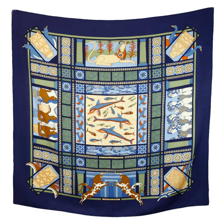 Hermès Les Secrets De Minos Navy Silk Scarf