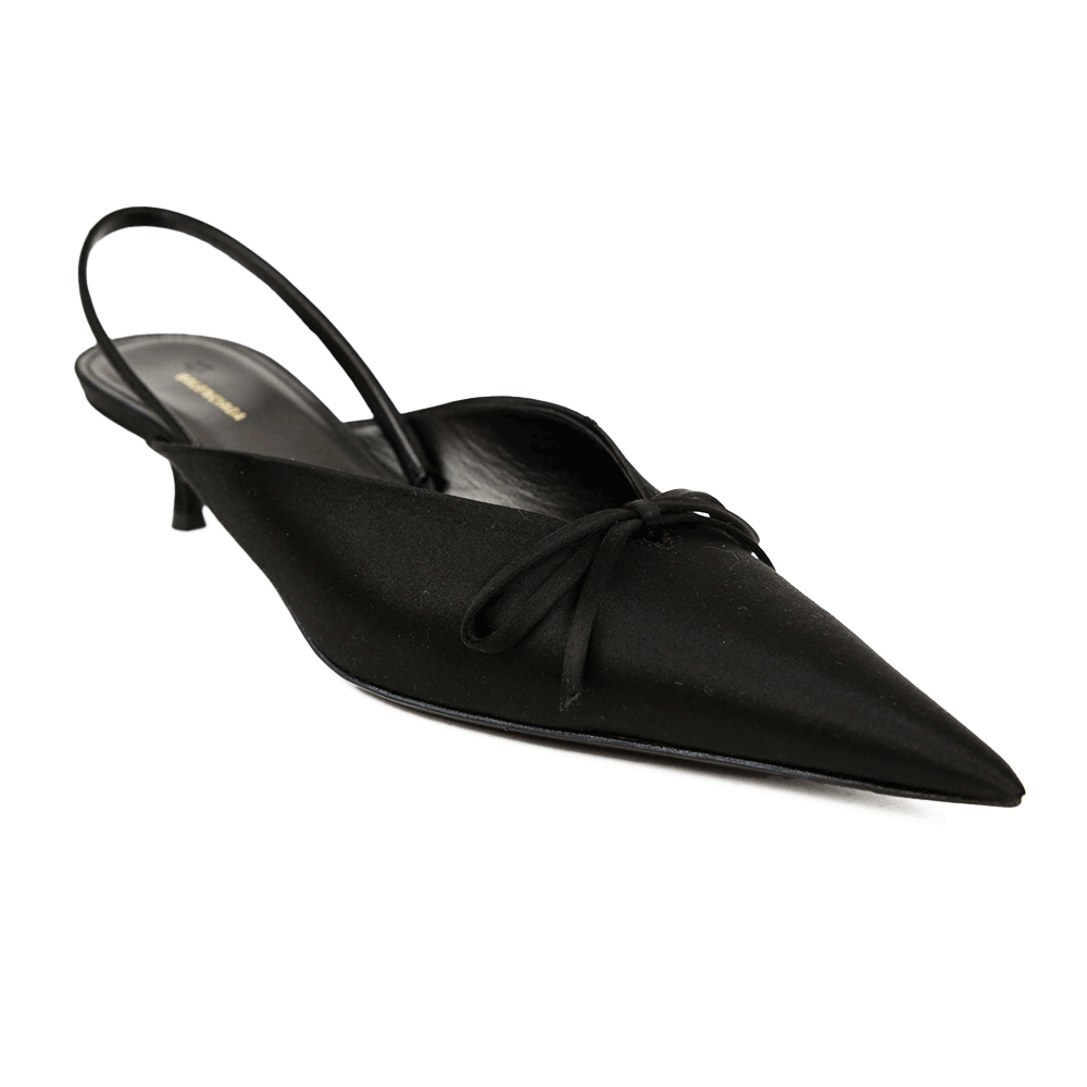 side view of Balenciaga Black Satin Pointed Toe Slingback Knife Pumps