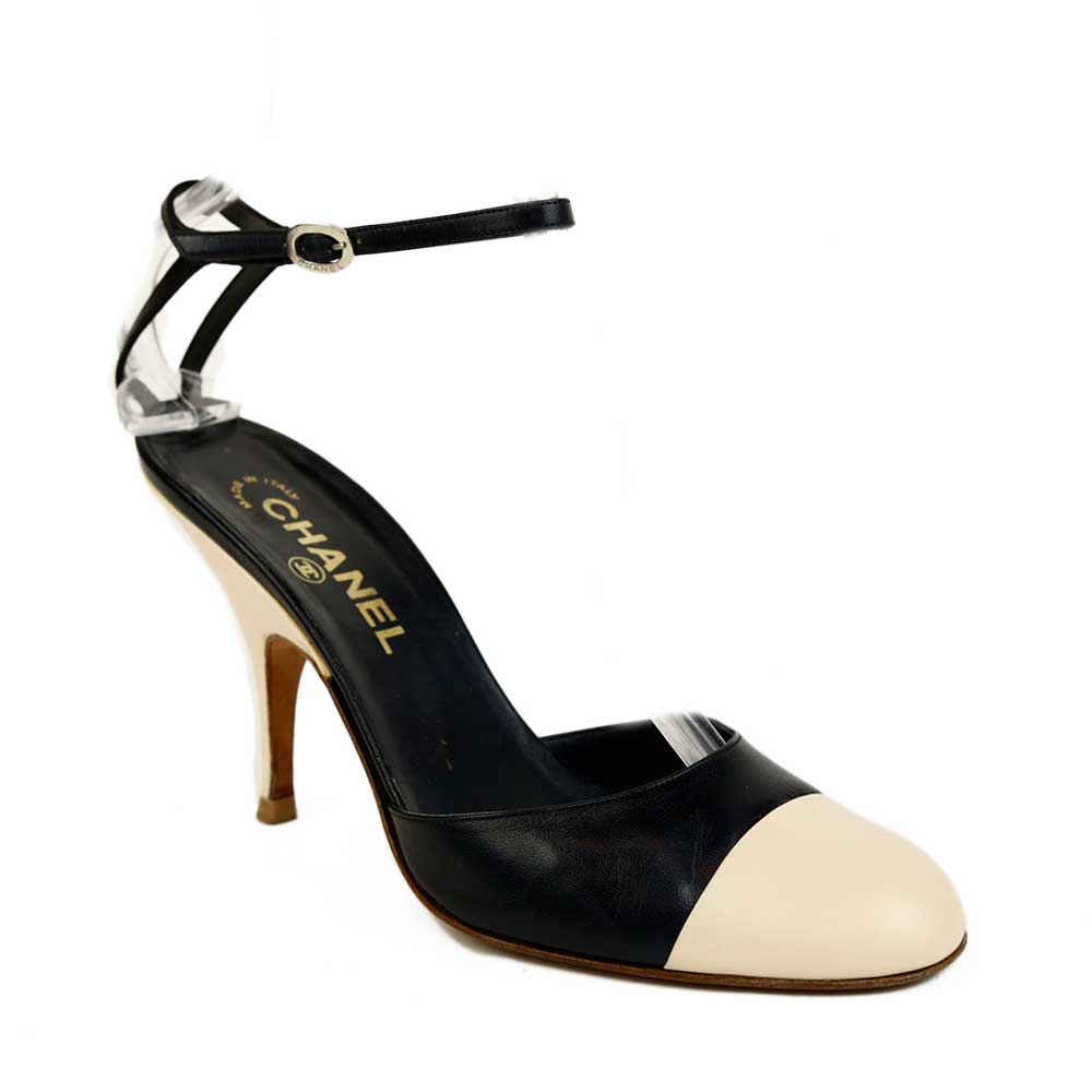 Chanel Black & Cream Leather Ankle Strap Cap Toe Pumps