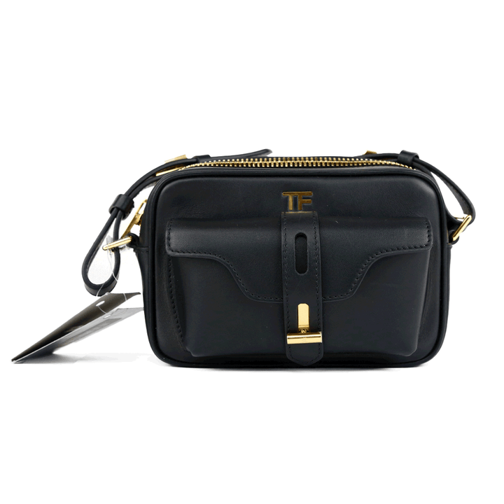 front view of Tom Ford Hollywood Black Leather T-Twist Camera Bag