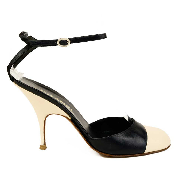 Chanel Black & Cream Leather Ankle Strap Cap Toe Pumps