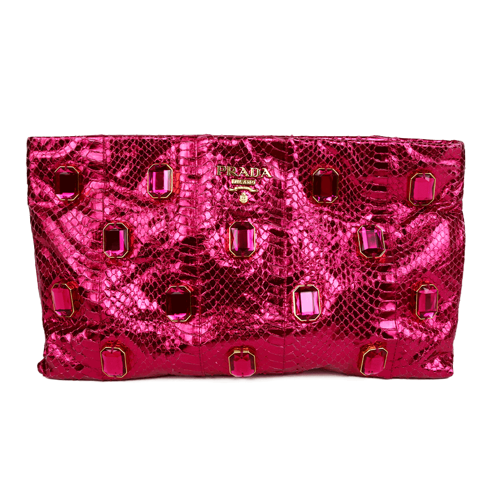 front view of Prada Metallic Pink Python Whips Pietre Clutch