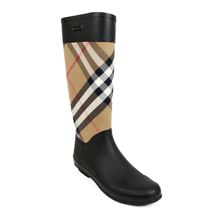 Burberry Black Rubber & Check Canvas Rain Boots