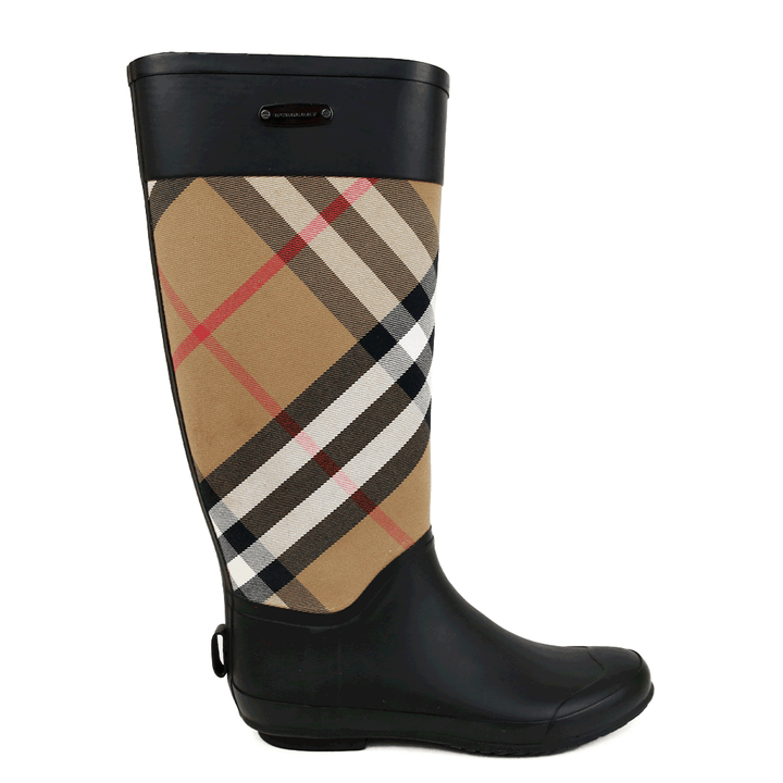 Burberry Black Rubber & Check Canvas Rain Boots