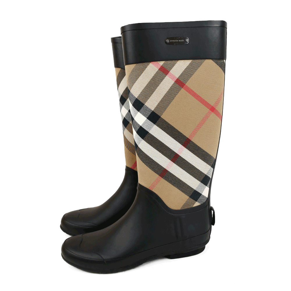 Burberry Black Rubber & Check Canvas Rain Boots