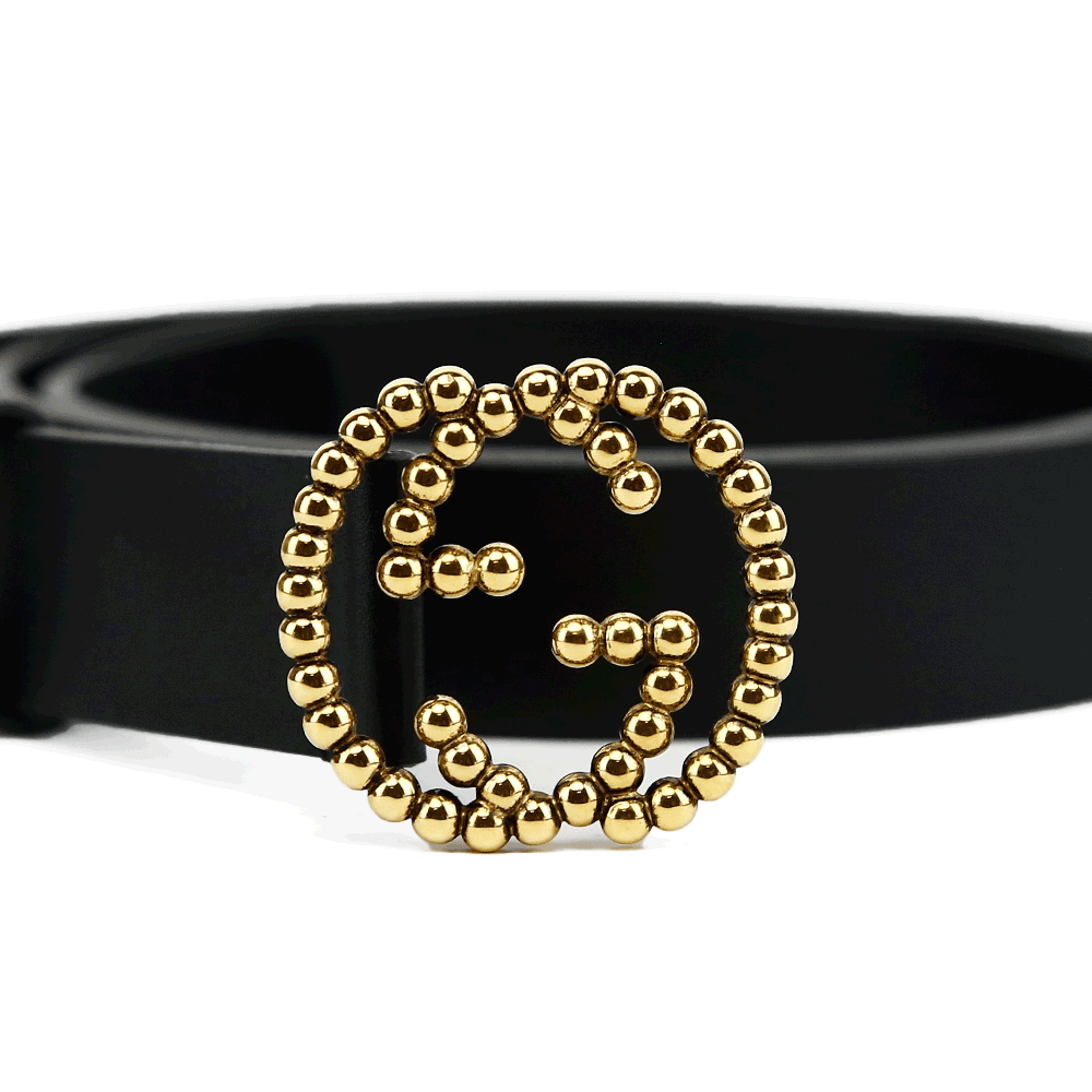 Gucci Black Leather Interlocking Beaded GG Belt