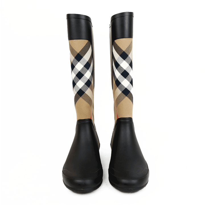 Burberry Black Rubber & Check Canvas Rain Boots