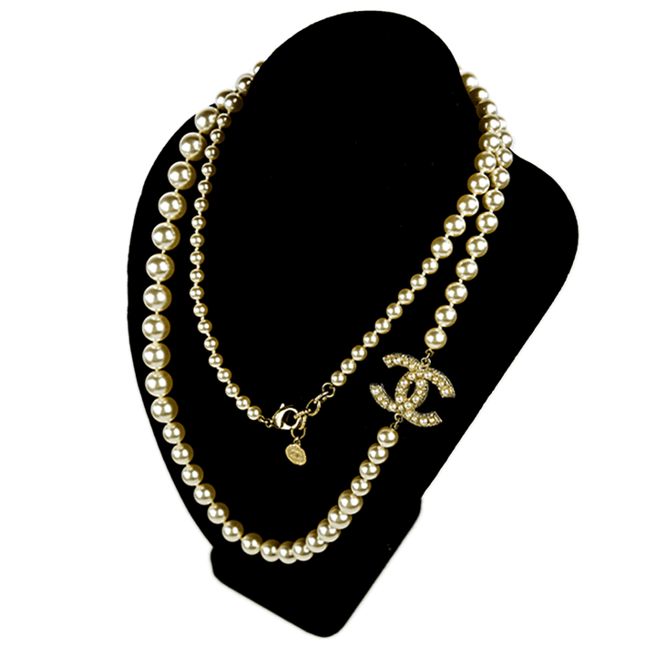 Side view of Chanel Faux Pearl & Gold CC Necklace