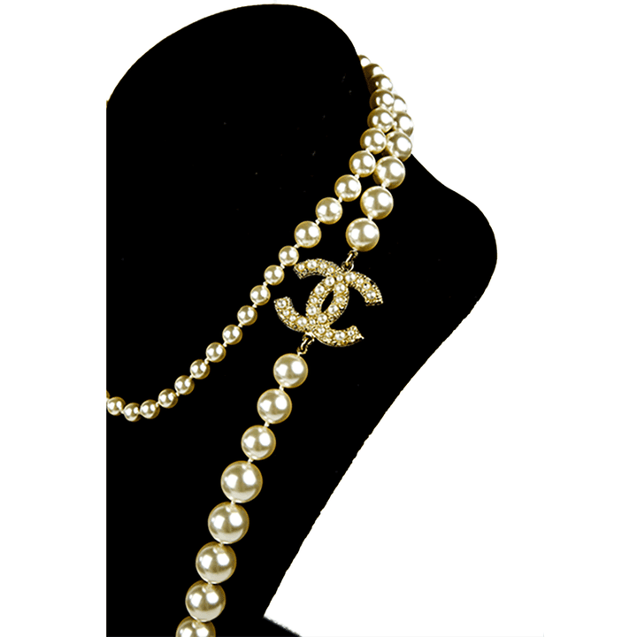 CC view of Chanel Faux Pearl & Gold CC Necklace