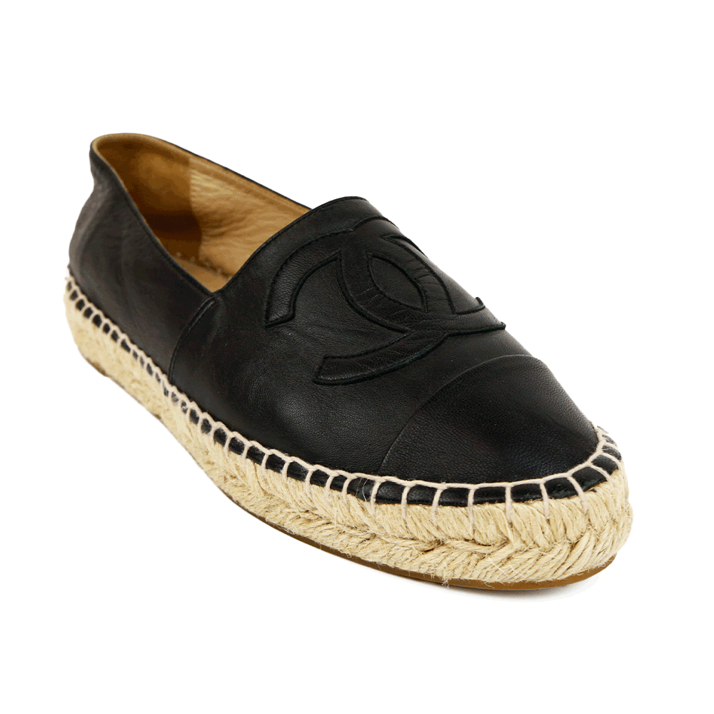 side view of Chanel Black Leather Interlocking CC Espadrille Flats