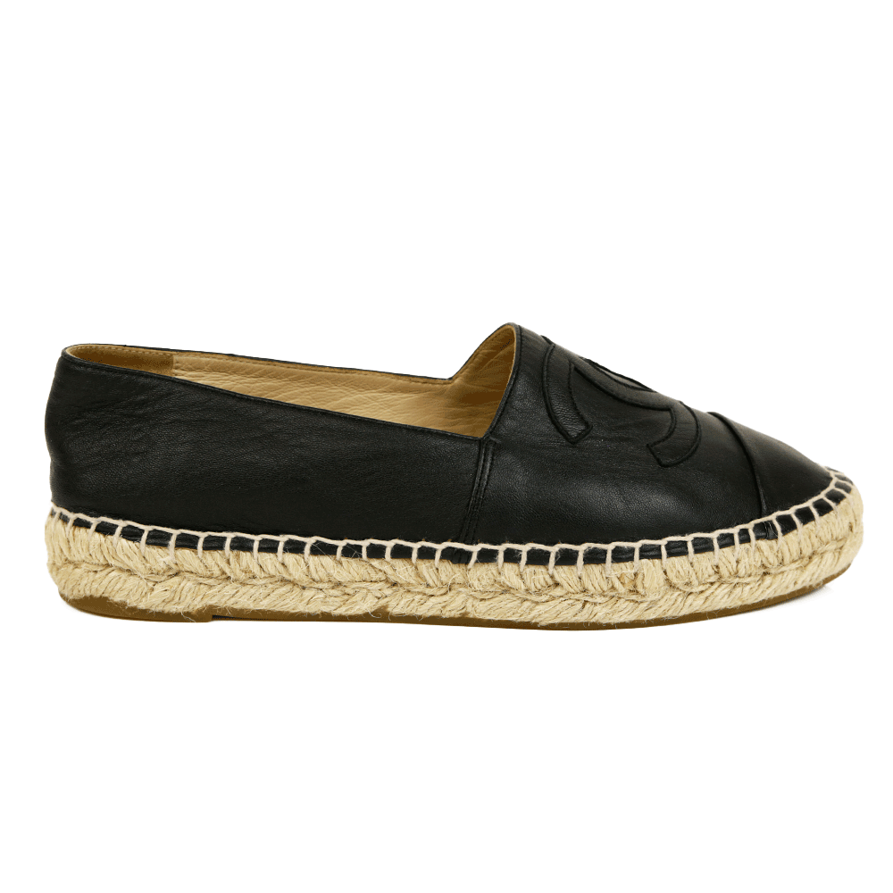 side view of Chanel Black Leather Interlocking CC Espadrille Flats