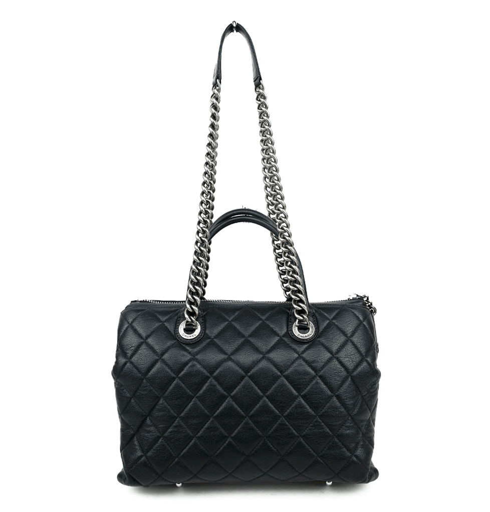 front view of Chanel Boy Chained Medium Black Quilted Tote Bag