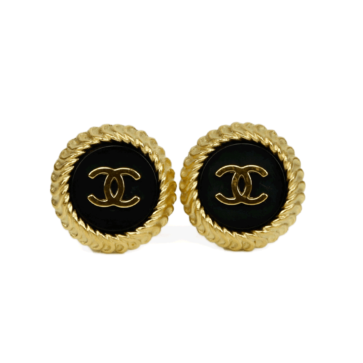 Chanel Vintage Gold & Black CC Button Clip-On Earrings