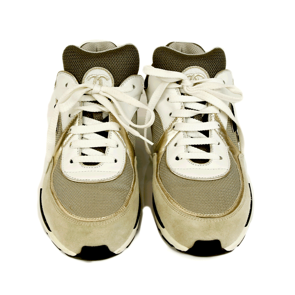 front view of Chanel Interlocking CC Gray & Gold Sneakers