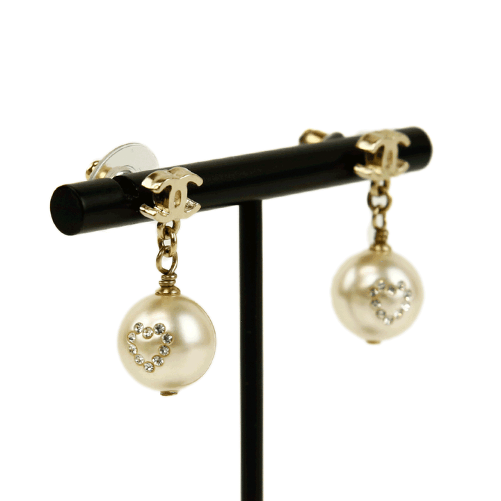 Chanel Crystal Heart Pearl CC Drop Earrings