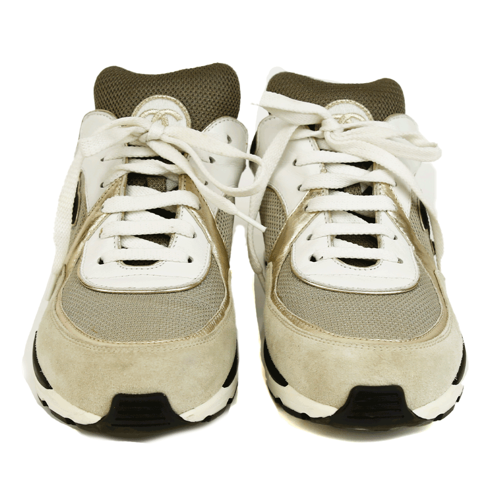 front view of Chanel Interlocking CC Gray & Gold Sneakers