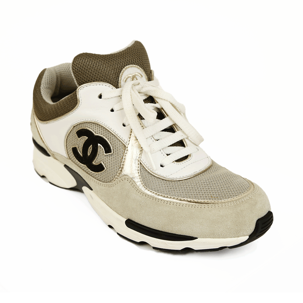 side view of Chanel Interlocking CC Gray & Gold Sneakers