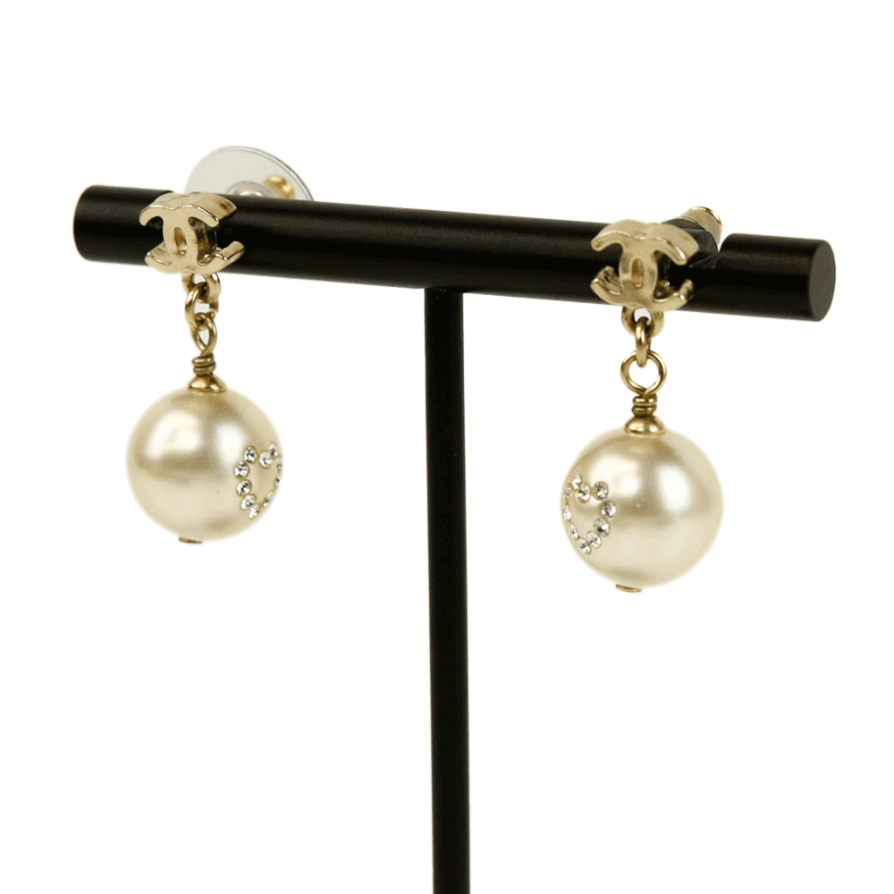 Chanel Crystal Heart Pearl CC Drop Earrings