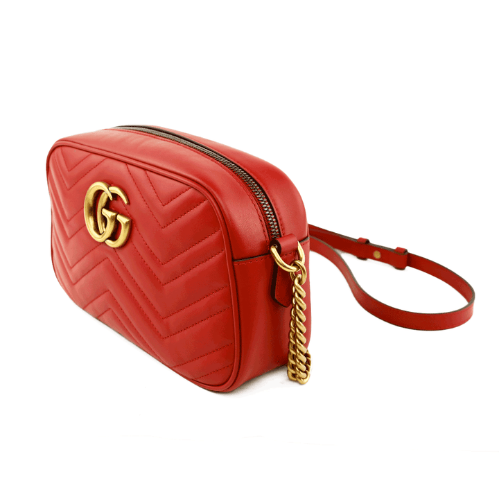 side view of Gucci Red Leather GG Marmont Small Matelasse Shoulder Bag