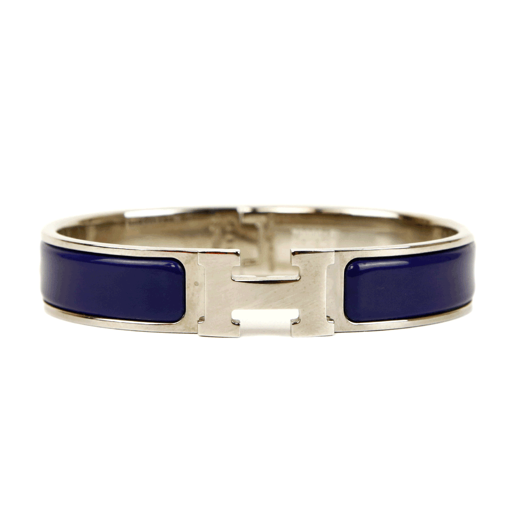 front view of Hermès Navy & Silver Clic H Bangle