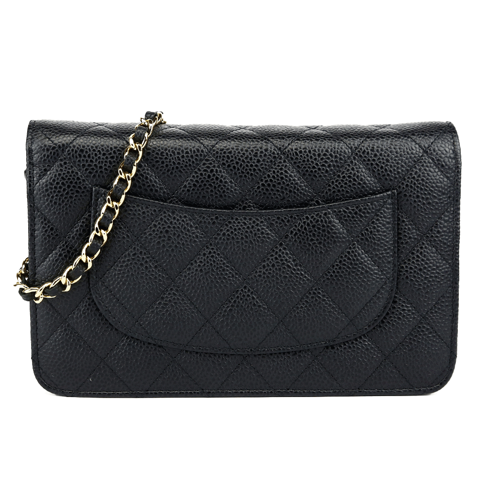 back view of Chanel Black Quilted Caviar Leather Wallet on Chain