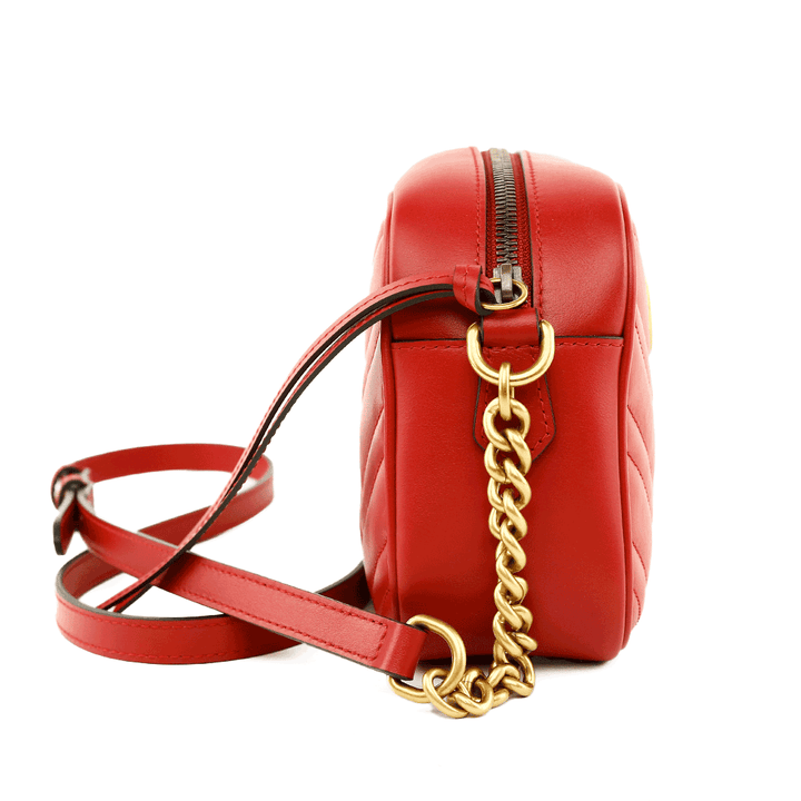 side view of Gucci Red Leather GG Marmont Small Matelasse Shoulder Bag