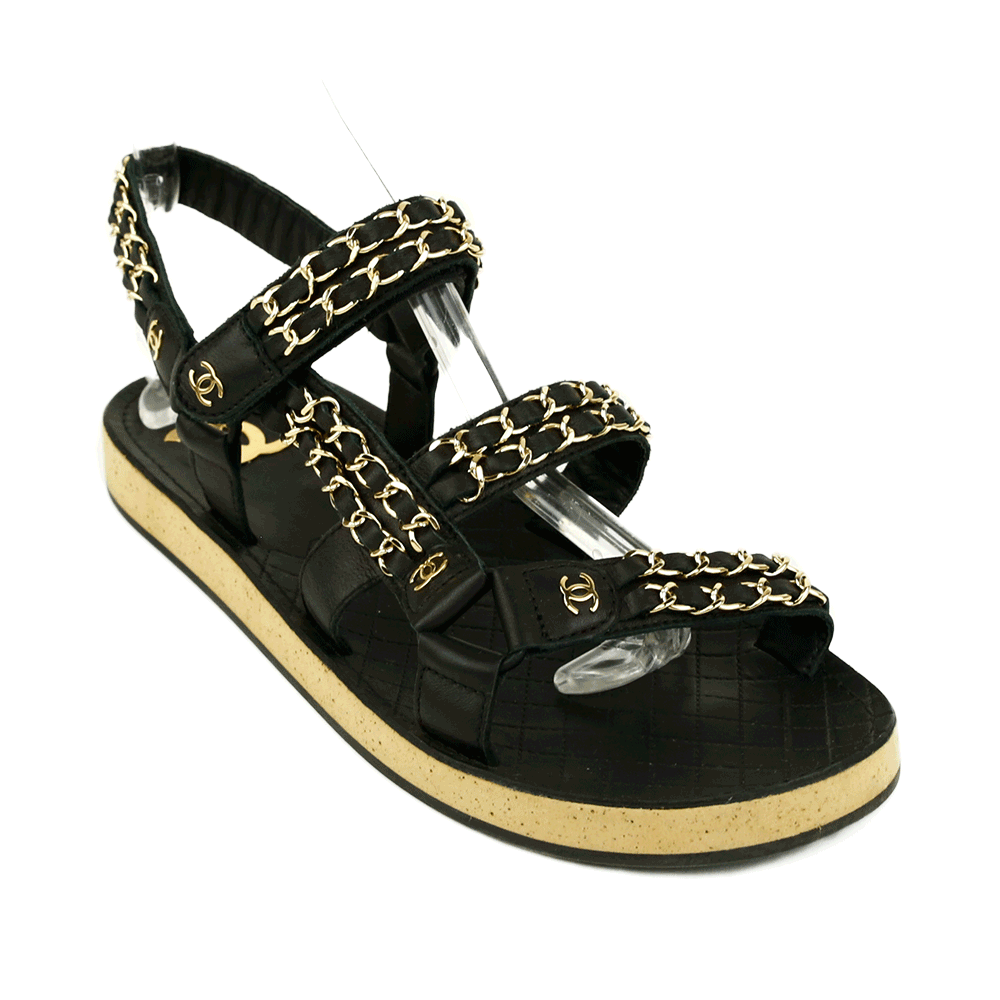 Chanel Black Leather & Chain Flat Dad Sandals