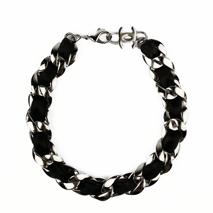 Top view of Chanel Curb Chain Silver & Peau De Soie Choker Necklace