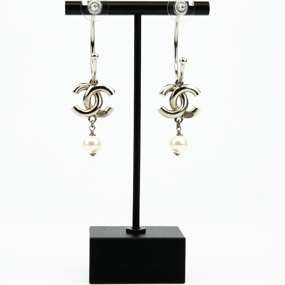 back view of Chanel Silver & Enamel CC Hoop Earrings