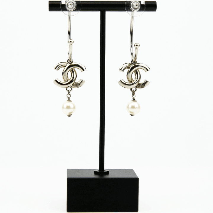 back view of Chanel Silver & Enamel CC Hoop Earrings