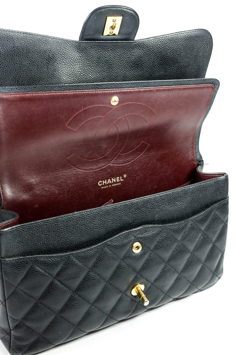 Chanel Black Quilted Caviar Leather Jumbo Double Flap Shoulder Bag