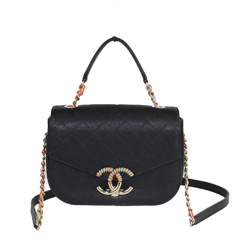 Front View of Chanel 2017 Cruise Collection Coco Cuba CC Black Leather Flap Bag