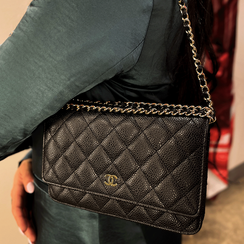 Chanel Black Quilted Caviar Leather Wallet on Chain