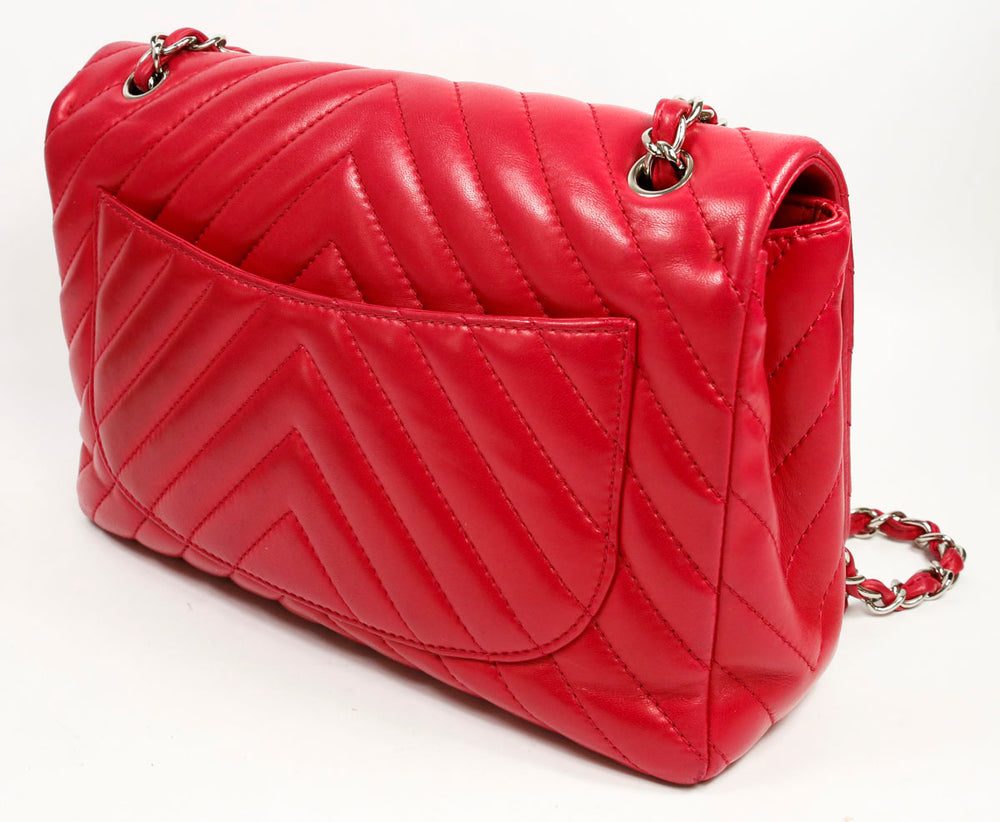 Chanel Magenta Lambskin Chevron Quilted Jumbo Single Flap Bag