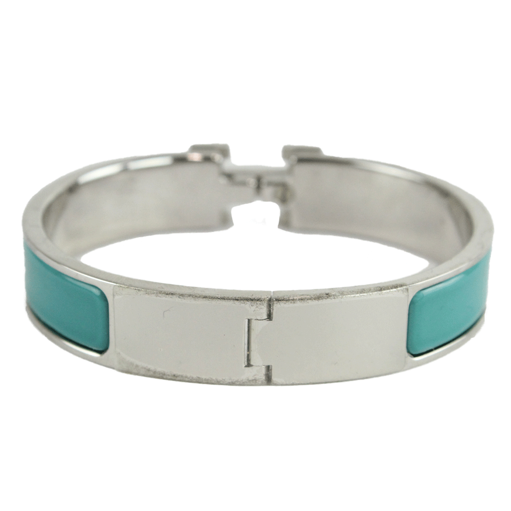 Back View of Hermès "Clic H" Blue & Silver Narrow Bangle